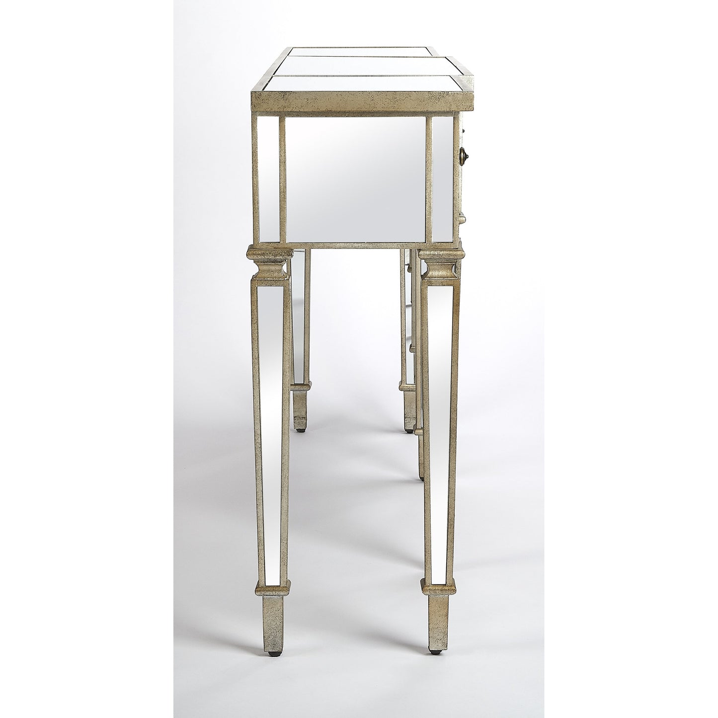 009 SR-770458 | Additional Silo | Hayworth Ed Console Table by Butler Specialty Company in silver and mirror. Made from mirror glass, birch wood, zinc metal hardware in a traditional style.