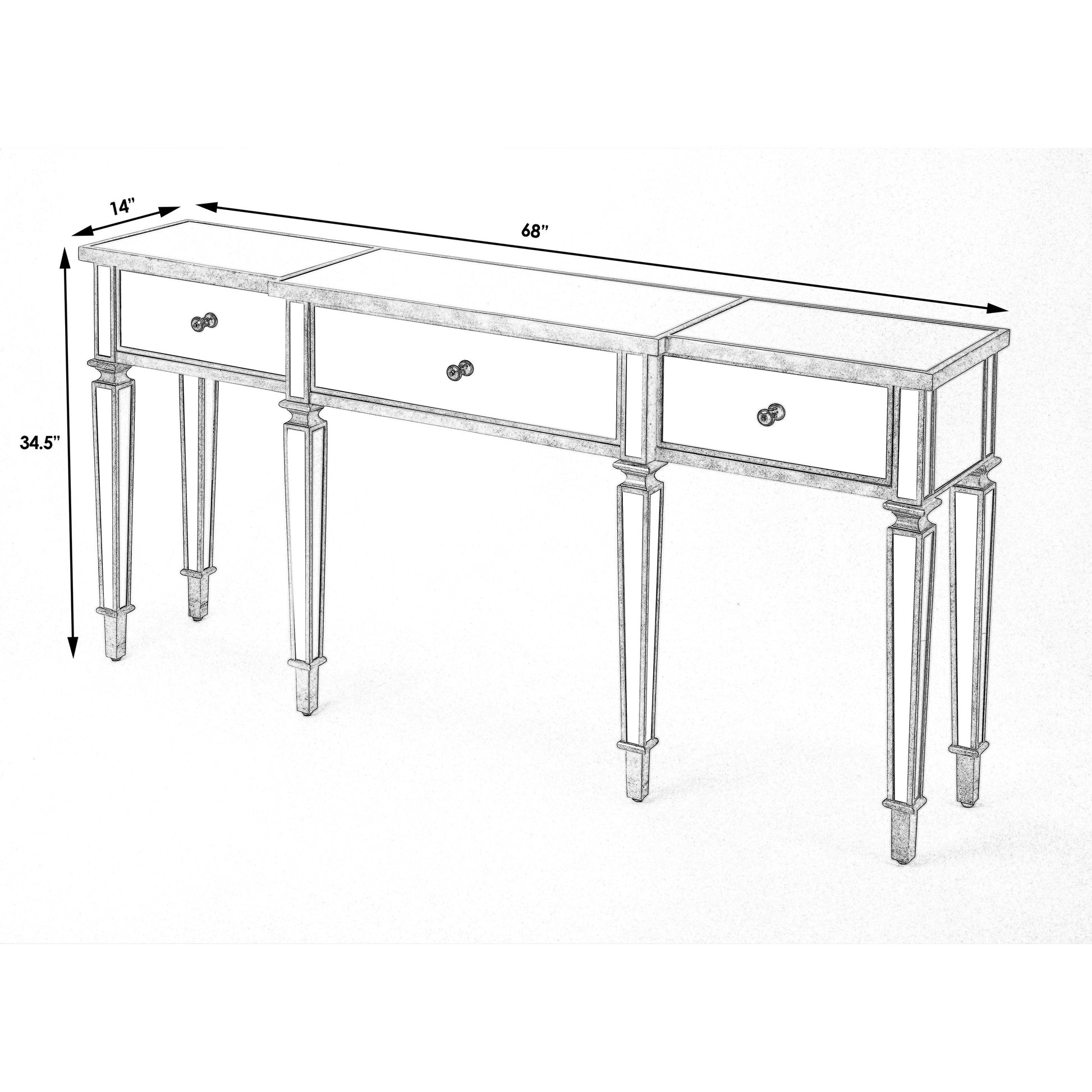 Hayworth Ed Console Table by Butler Specialty Company in silver and mirror. Made from mirror glass, birch wood, zinc metal hardware in a traditional style.