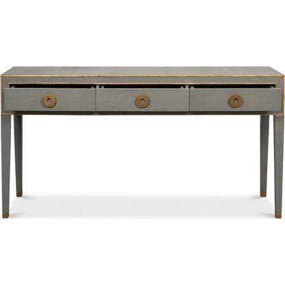 Gabriella Console by Sarreid Ltd. in storm grey. Made from wood, embossed shagreen leather in a modern style.