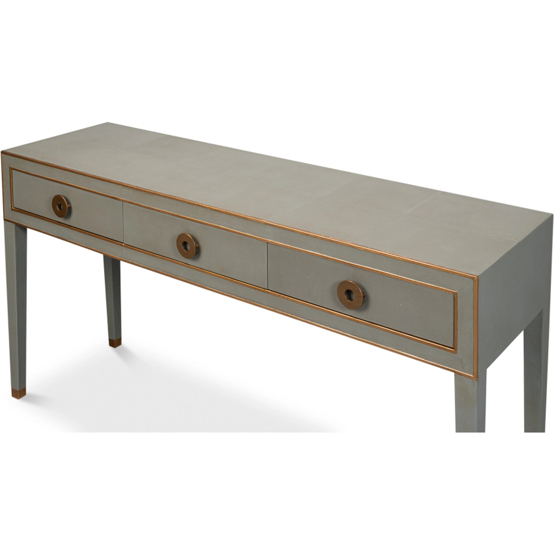 Gabriella Console by Sarreid Ltd. in storm grey. Made from wood, embossed shagreen leather in a modern style.