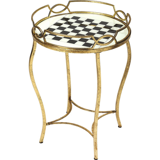 Judith Antique Gold Game Table by Butler Specialty Company in gold and metalworks. Made from iron (antique gold finish), hand painted glass in a traditional style.
