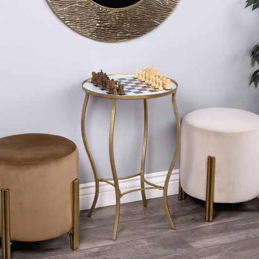Judith Antique Gold Game Table by Butler Specialty Company in gold and metalworks. Made from iron (antique gold finish), hand painted glass in a traditional style.