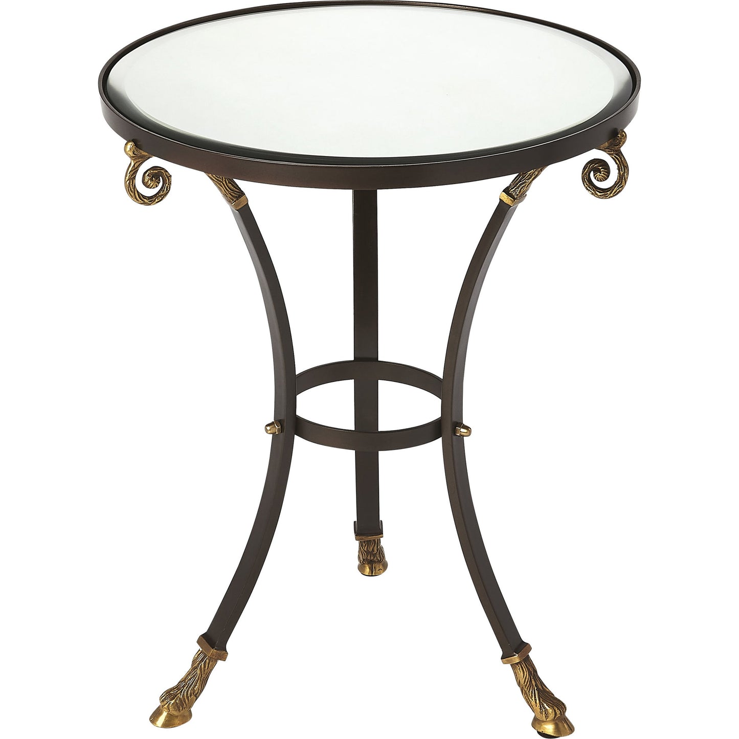 001 S-346315 | Primary Silo | Meurice Glass & Metal Accent Table by Butler Specialty Company in black and metalworks. Made from aluminum, iron, mdf, beveled mirrored glass, finish: antique copper, brass in a traditional style.