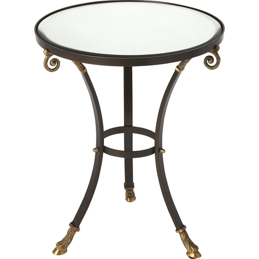 Meurice Glass & Metal Accent Table by Butler Specialty Company in black and metalworks. Made from aluminum, iron, mdf, beveled mirrored glass, finish: antique copper, brass in a traditional style.