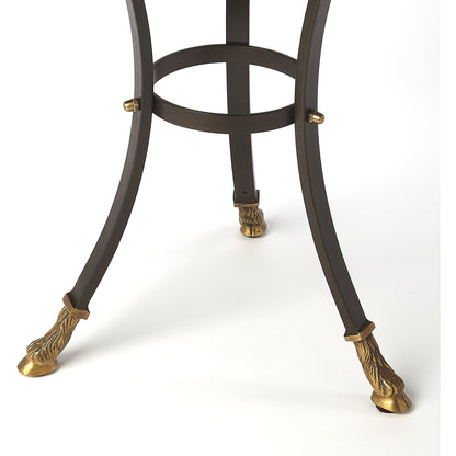 Meurice Glass & Metal Accent Table by Butler Specialty Company in black and metalworks. Made from aluminum, iron, mdf, beveled mirrored glass, finish: antique copper, brass in a traditional style.
