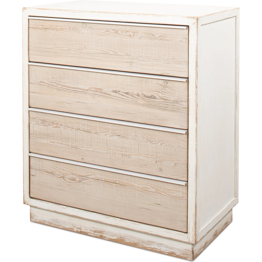 Stefano Four Drawer Commode by Sarreid Ltd. in antique white, weathered drawers. Made from pine in a modern style.