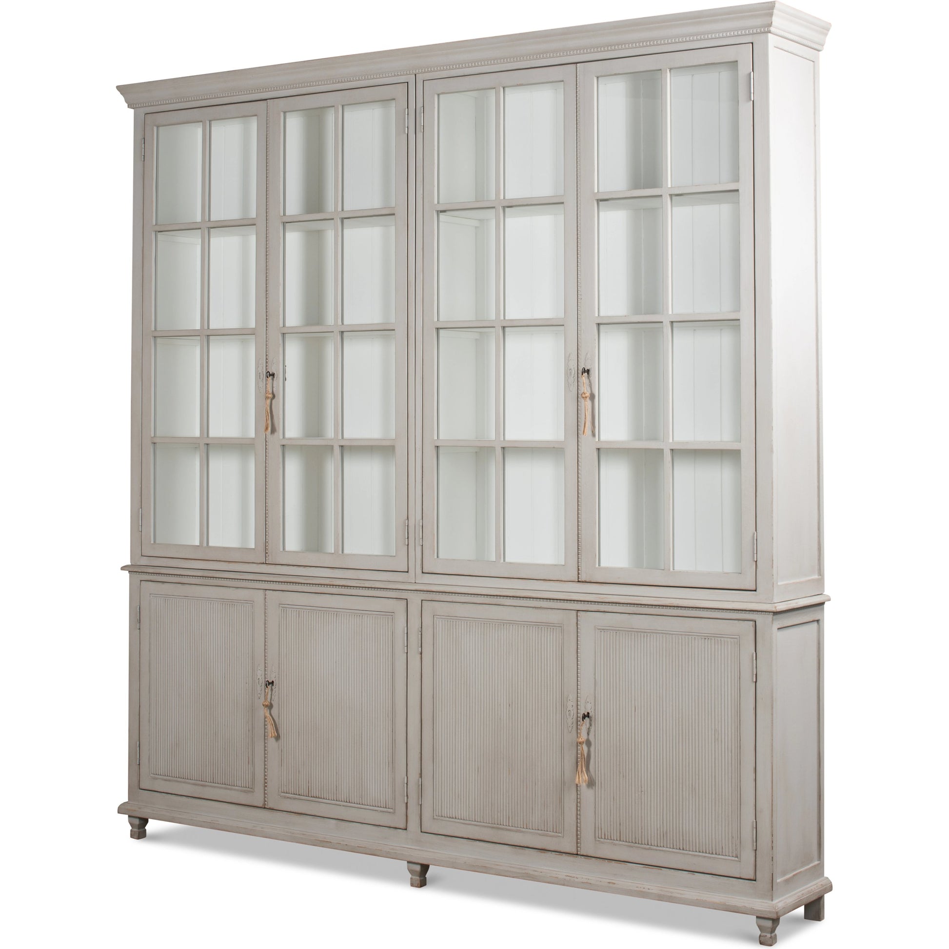 Harper Glass Front Bookcase by Sarreid Ltd. in soft grey. Made from pine, glass in a modern style.