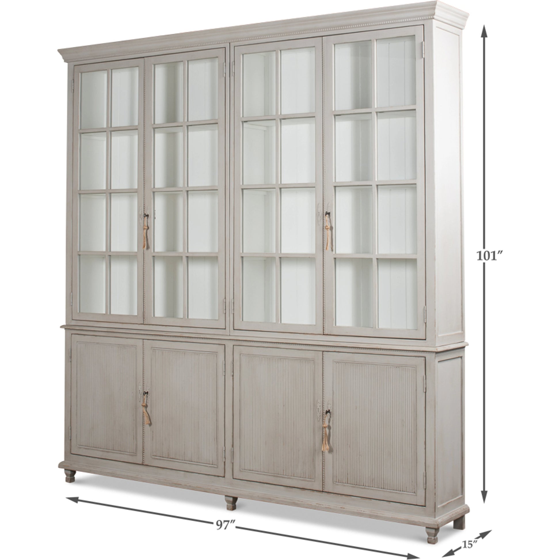 Harper Glass Front Bookcase by Sarreid Ltd. in soft grey. Made from pine, glass in a modern style.