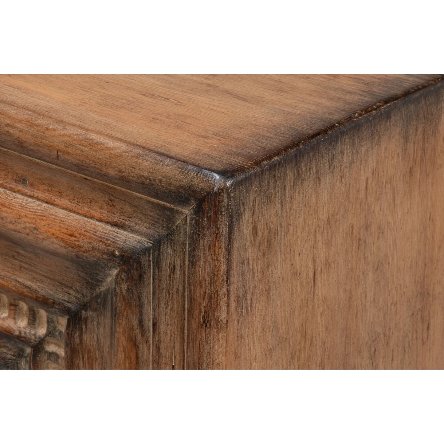022 SI-2372539 | Closeup | Mantel Console by Sarreid Ltd. in brown. Made from reclaimed pine in a modern style.