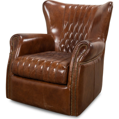 Bugatti Leather Swivel Chair by Sarreid Ltd.. Made from wood, nailhead, leather in a transitional style.