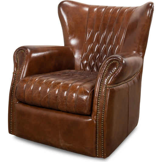 Bugatti Leather Swivel Chair by Sarreid Ltd.. Made from wood, nailhead, leather in a transitional style.