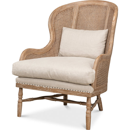 Randolph Wing Chair by Sarreid Ltd. in beige and whitewashed oak. Made from oak,100% linen, down in a cottage & farmhouse style.