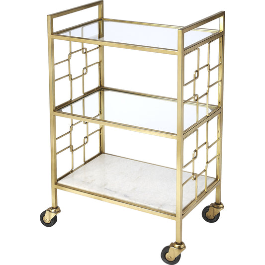 Arcadia Polished Gold Bar Cart by Butler Specialty Company in gold and polished gold. Made from stainless steel (shiny brass finish), glass in a transitional style.