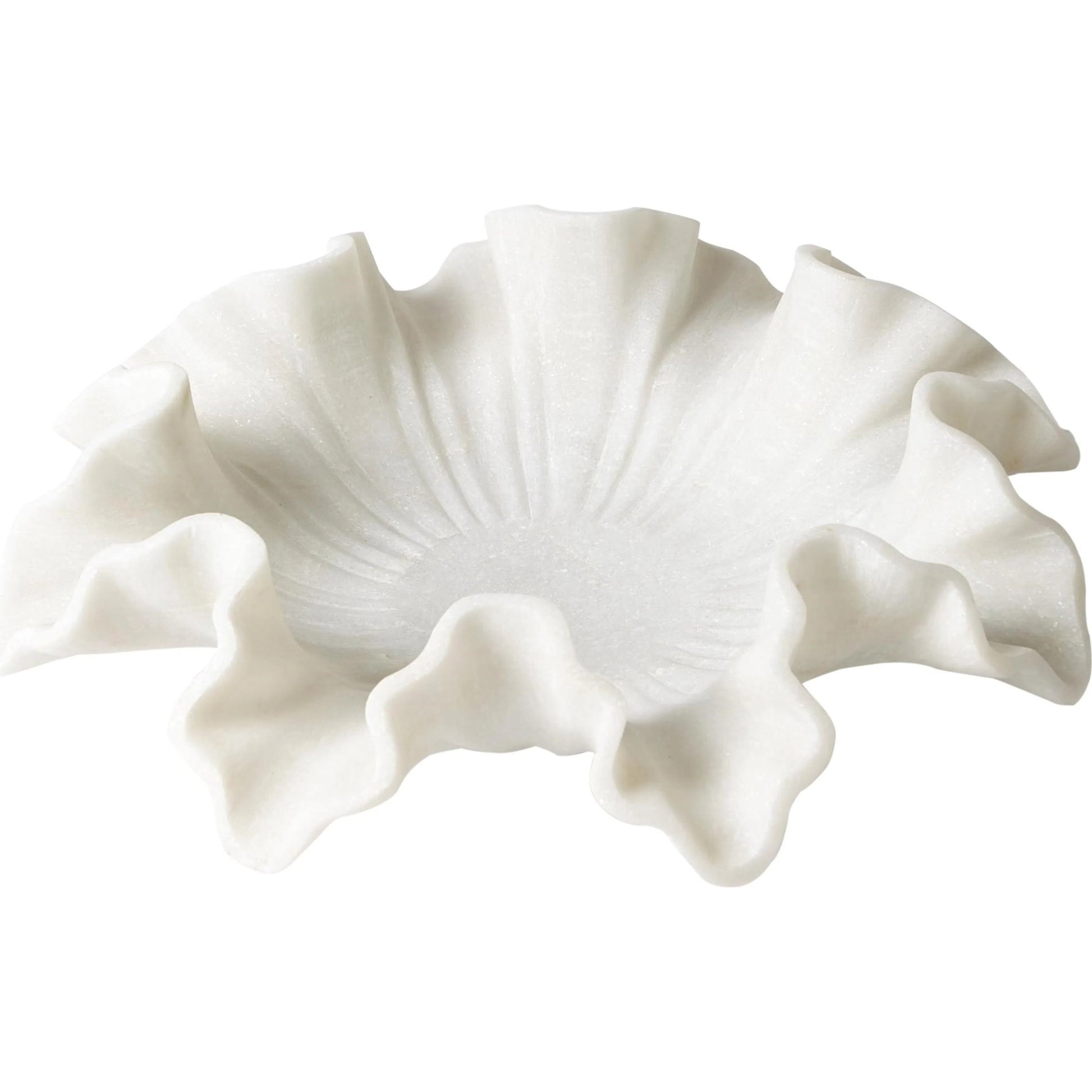 Marble Ruffle Bowl by Global Views in white. Made from rajnagar marble in a coastal style.