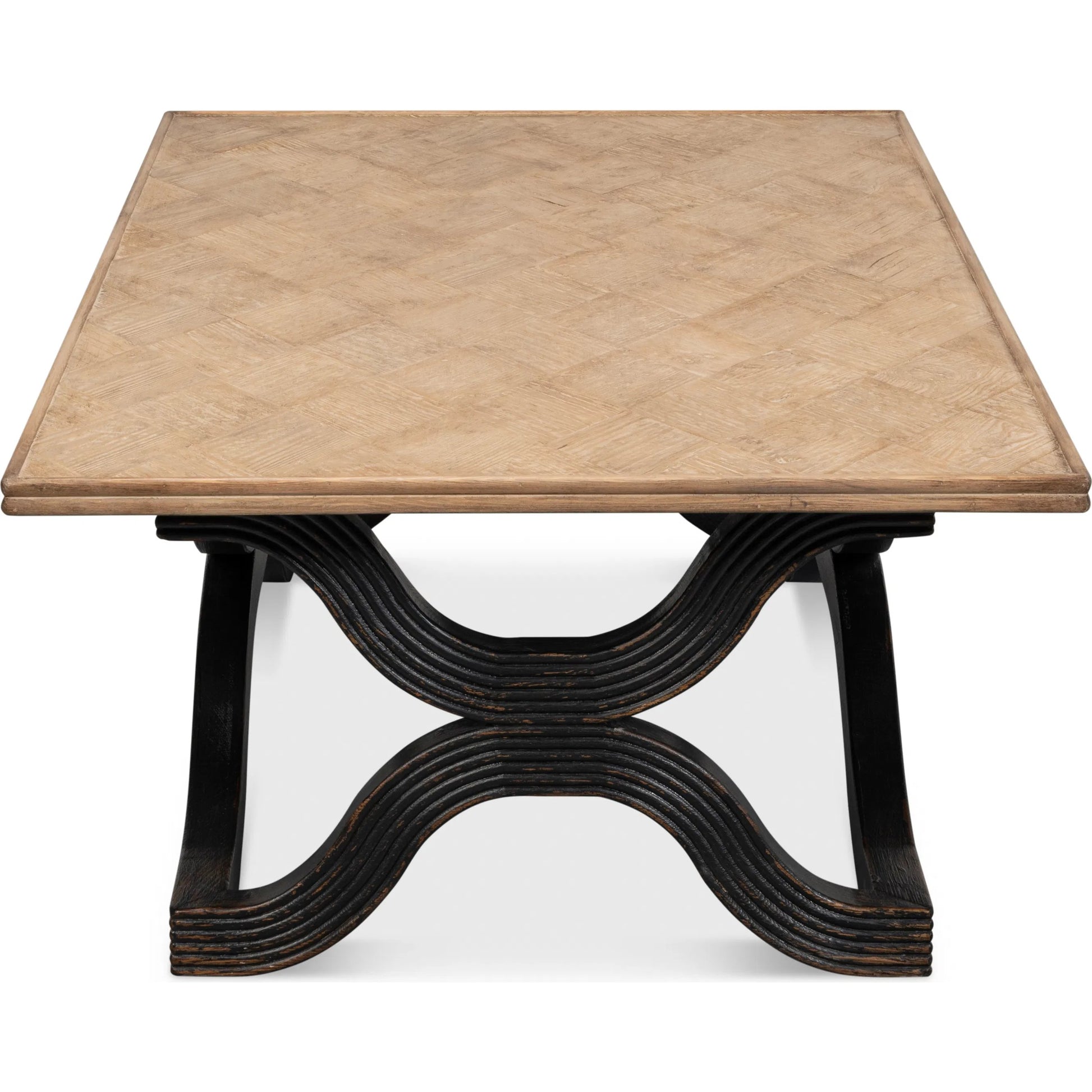 Wavy Coffee Table by Sarreid Ltd. in antique black. Made from reclaimed pine in a modern style.