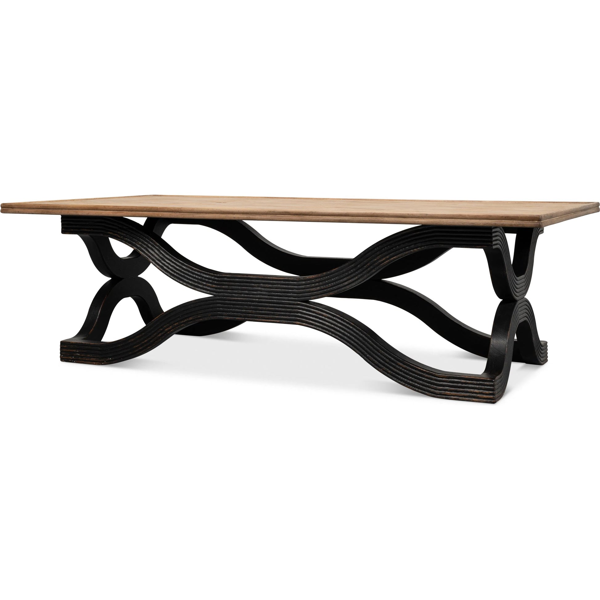 Wavy Coffee Table by Sarreid Ltd. in antique black. Made from reclaimed pine in a modern style.