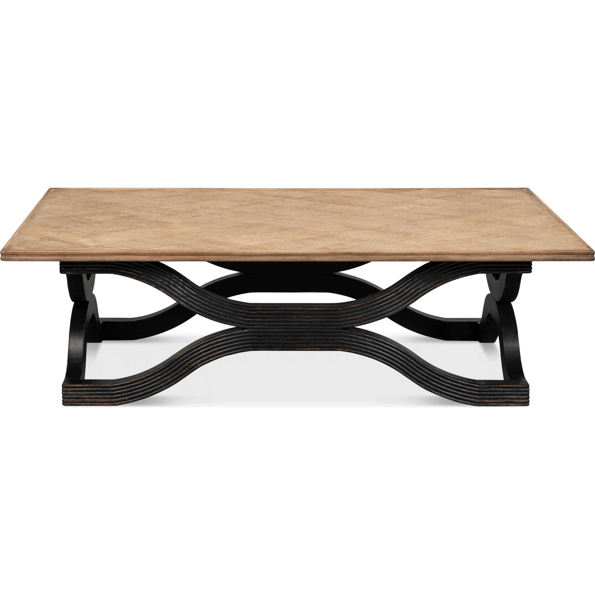 Wavy Coffee Table by Sarreid Ltd. in antique black. Made from reclaimed pine in a modern style.