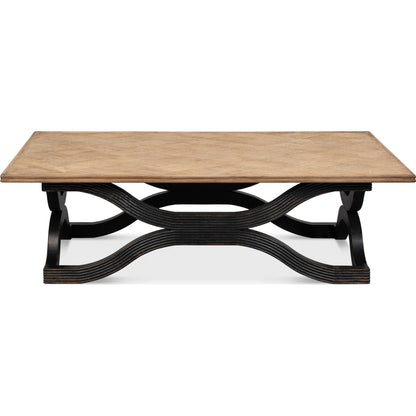 Wavy Coffee Table by Sarreid Ltd. in antique black. Made from reclaimed pine in a modern style.