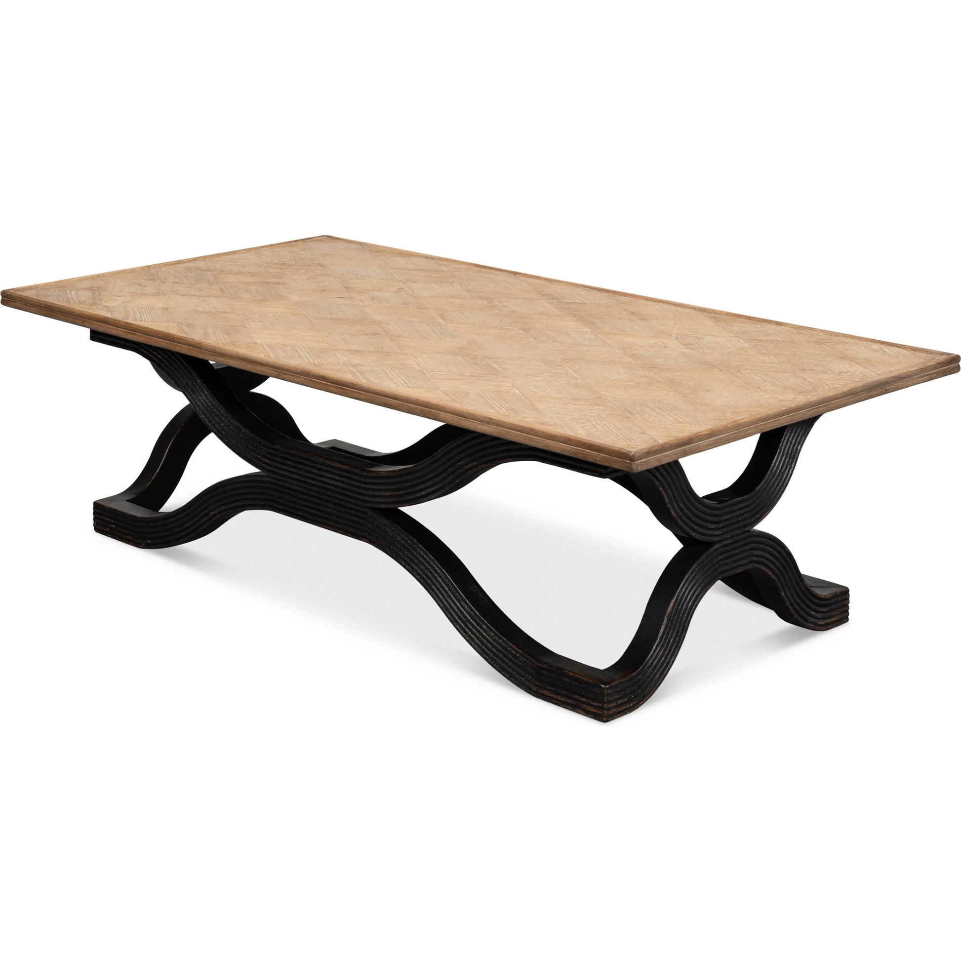 Wavy Coffee Table by Sarreid Ltd. in antique black. Made from reclaimed pine in a modern style.
