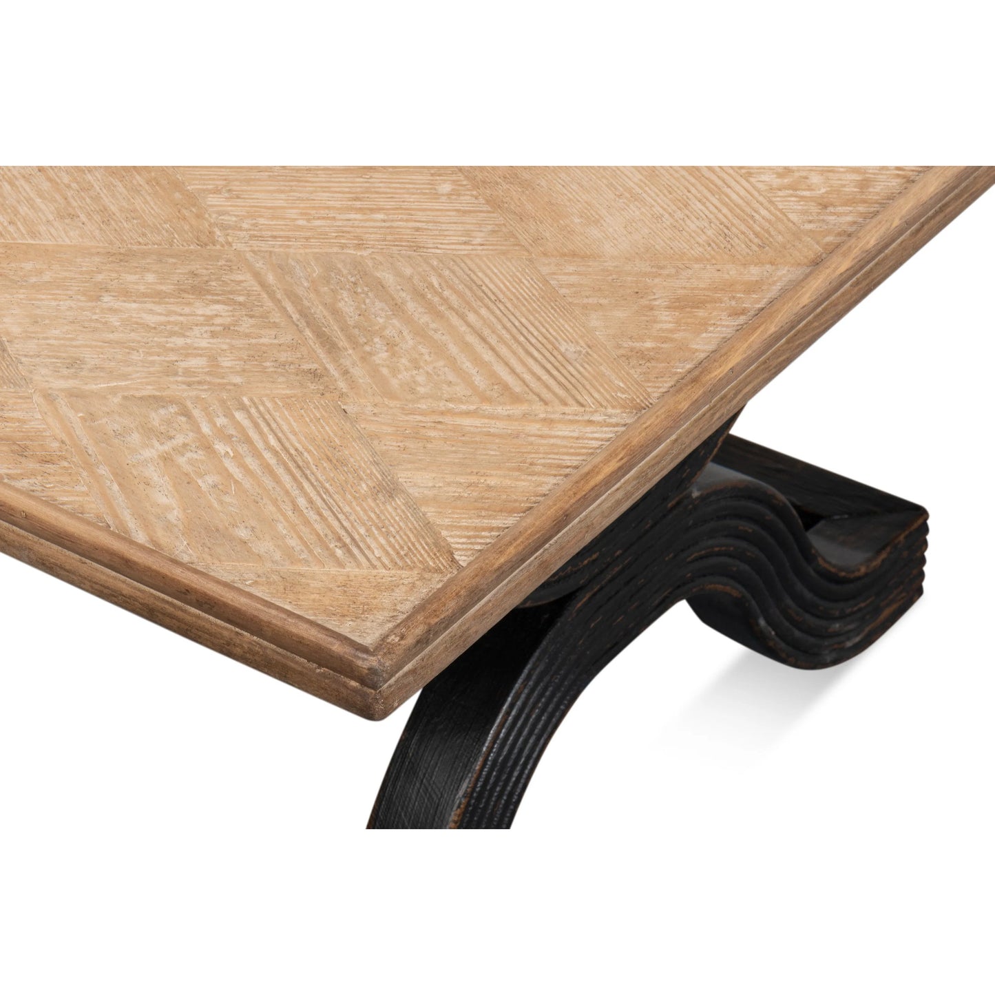 013 SI-2372597 | Closeup | Wavy Coffee Table by Sarreid Ltd. in antique black. Made from reclaimed pine in a modern style.