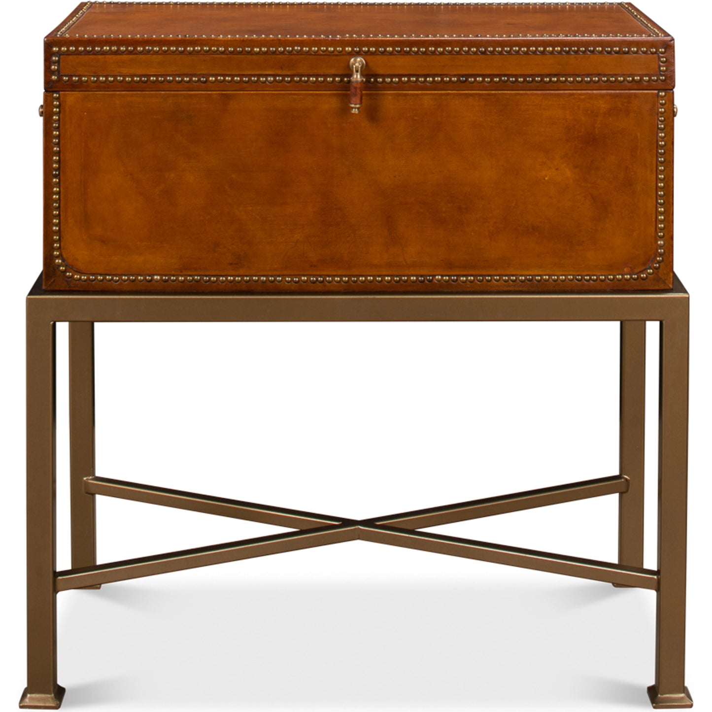 002 SI-1998377 | Additional Silo | Remington Leather Box on Stand by Sarreid Ltd. in brown and brass. Made from wood, leather in a transitional style.