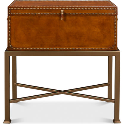 Remington Leather Box on Stand by Sarreid Ltd. in brown and brass. Made from wood, leather in a transitional style.