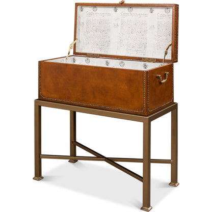 Remington Leather Box on Stand by Sarreid Ltd. in brown and brass. Made from wood, leather in a transitional style.