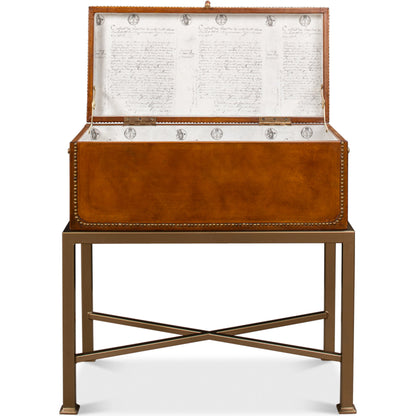 Remington Leather Box on Stand by Sarreid Ltd. in brown and brass. Made from wood, leather in a transitional style.