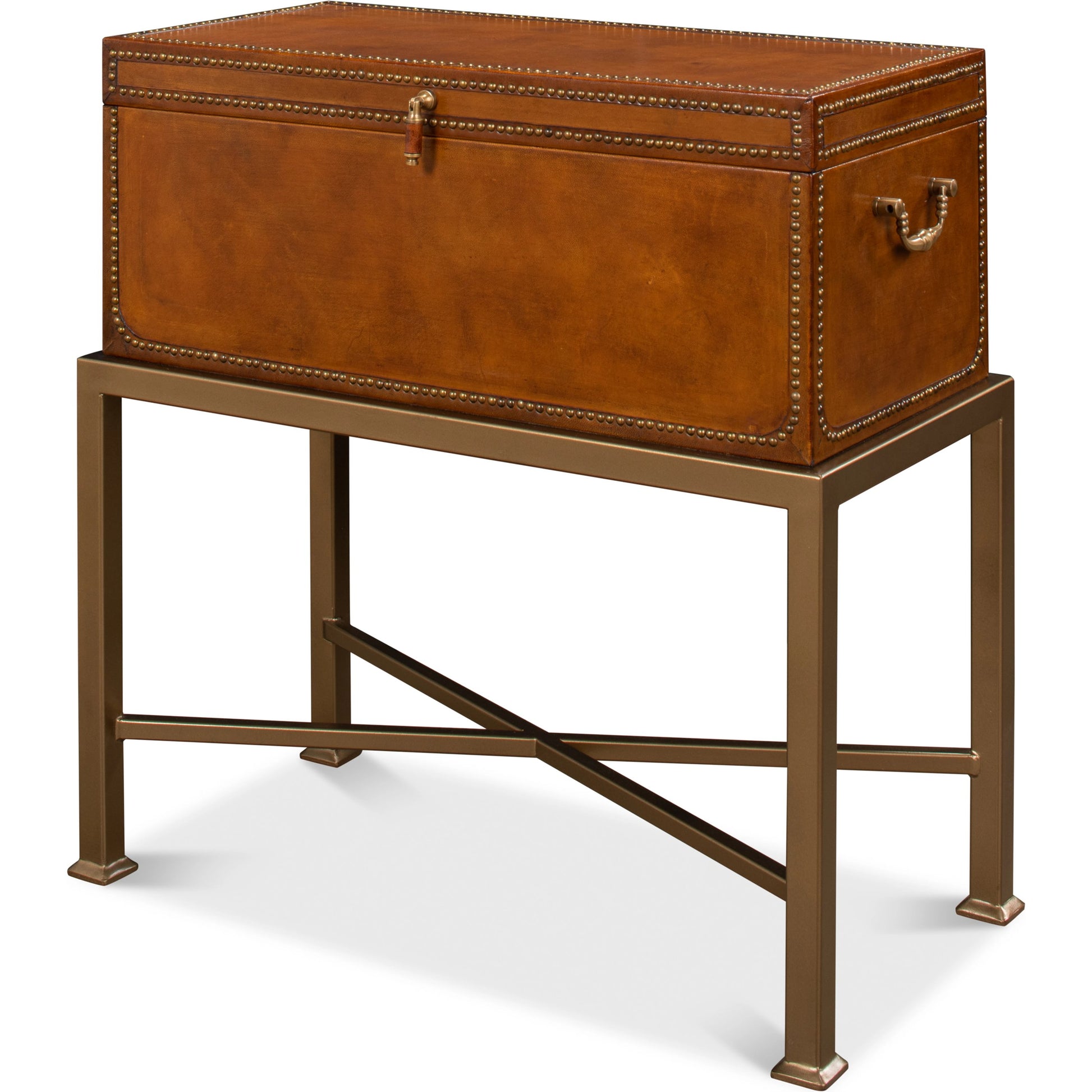 Remington Leather Box on Stand by Sarreid Ltd. in brown and brass. Made from wood, leather in a transitional style.