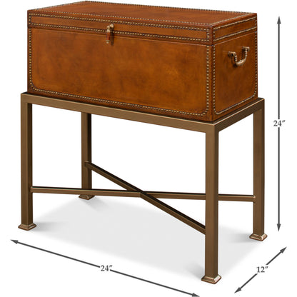 Remington Leather Box on Stand by Sarreid Ltd. in brown and brass. Made from wood, leather in a transitional style.