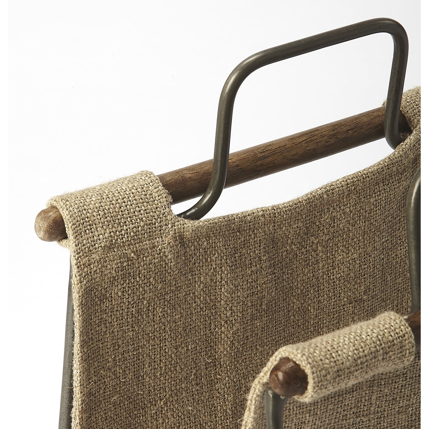 004 S-346256 | Closeup | Idaho Burlap & Metal Magazine Basket by Butler Specialty Company in beige and butler loft. Made from iron (distressed silver finish), cotton in a cottage & farmhouse style.