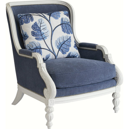 Kamari Chair by Barclay Butera in blue and white. Made from mahogany, fabric in a unique style.