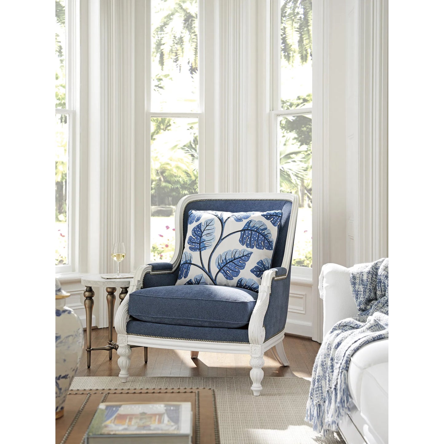 003 SI-2540438 | Lifestyle | Kamari Chair by Barclay Butera in blue and white. Made from mahogany, fabric in a unique style.