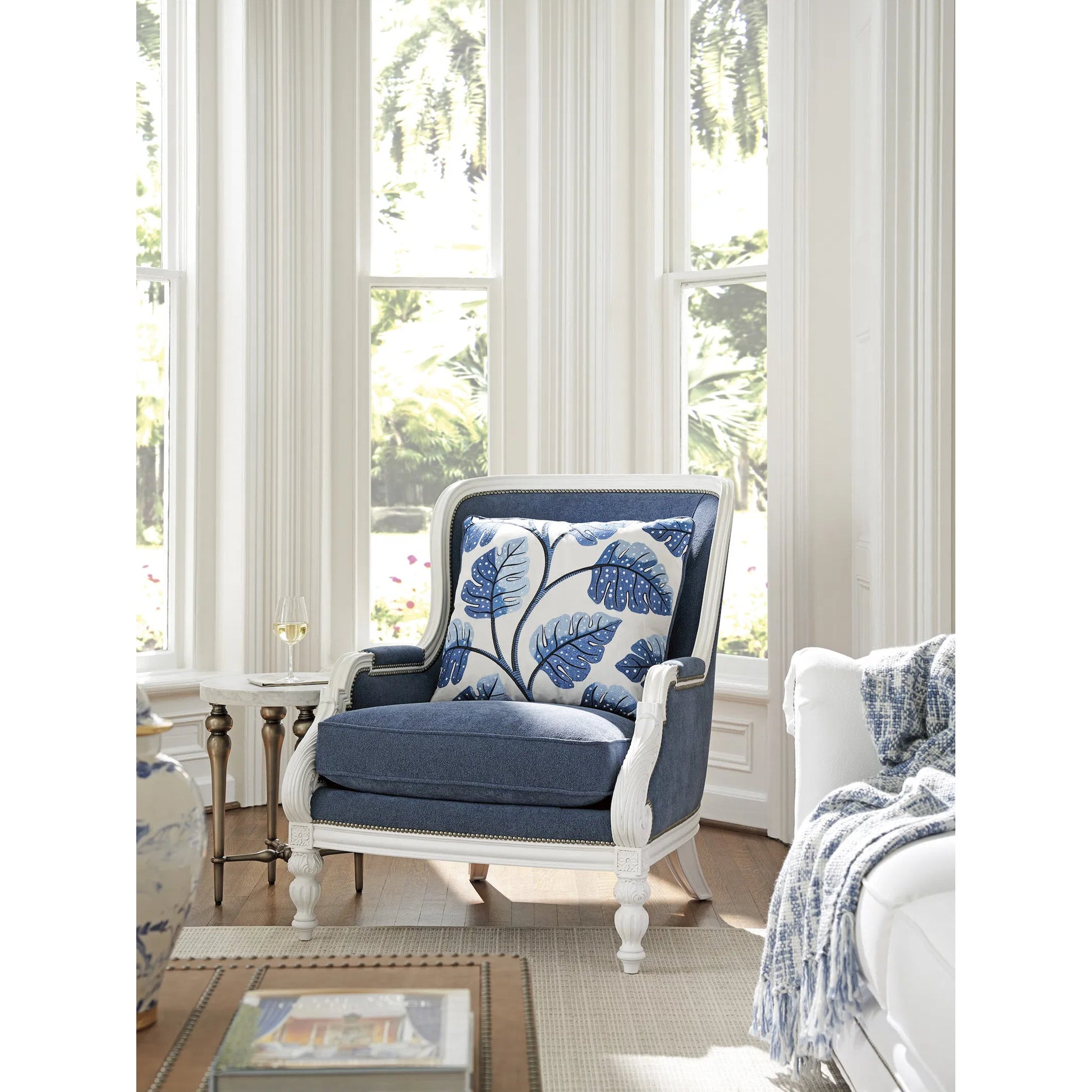 Kamari Chair by Barclay Butera in blue and white. Made from mahogany, fabric in a unique style.