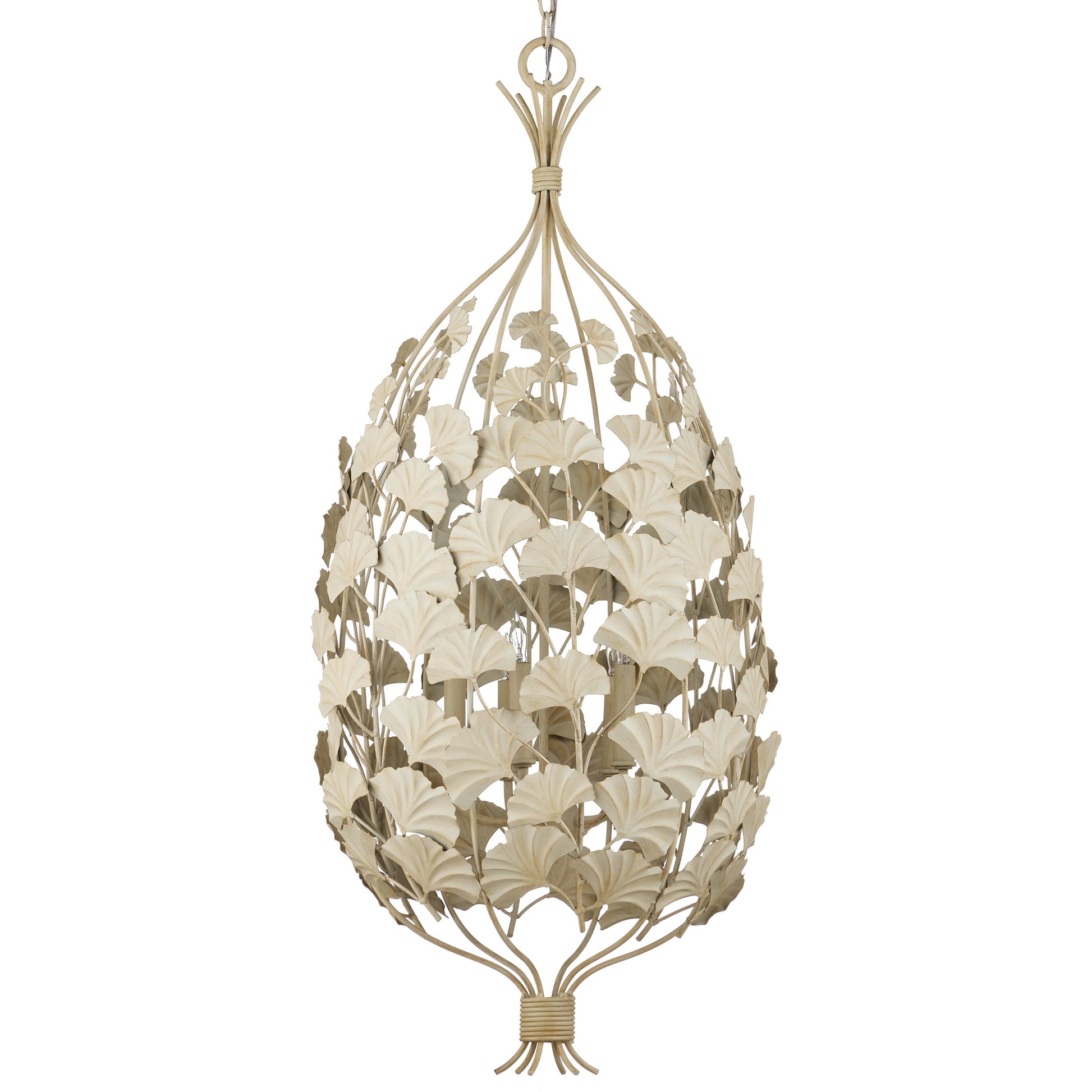 Maidenhair Cream Chandelier by Currey and Company in antique pearl. Made from wrought iron in a modern style.