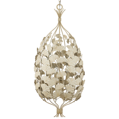 Maidenhair Cream Chandelier by Currey and Company in antique pearl. Made from wrought iron in a modern style.
