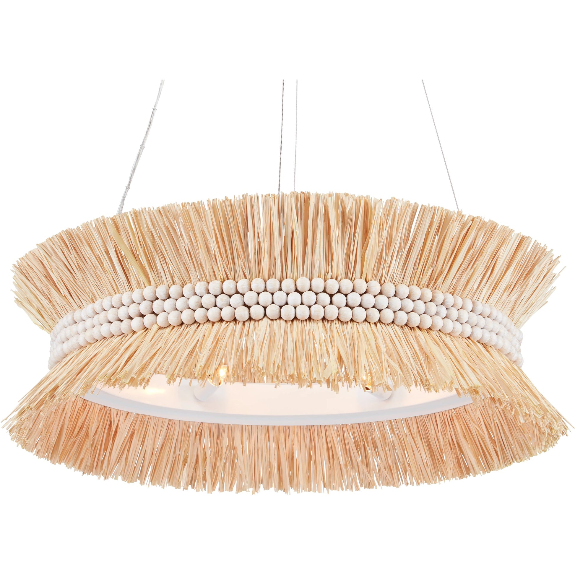 Seychelles Chandelier by Currey and Company in sugar white, natural raffia. Made from wrought iron, raffia, wood beads in a coastal style.