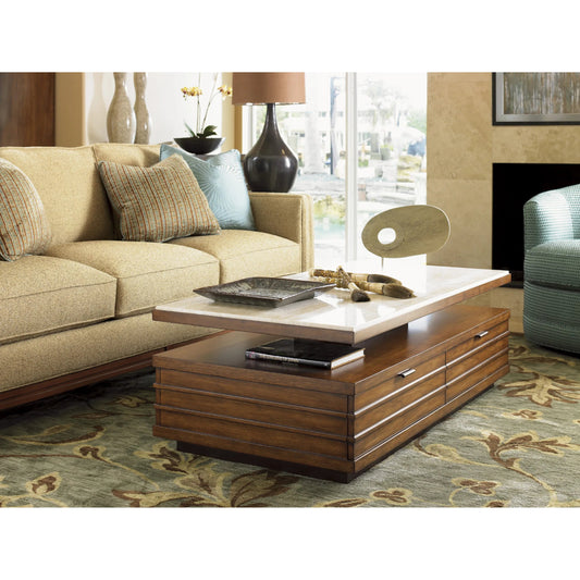 Solstice Cocktail Table With Stone Top by Tommy Bahama Home in bali. Made from hickory, stone, fabric in a unique style.