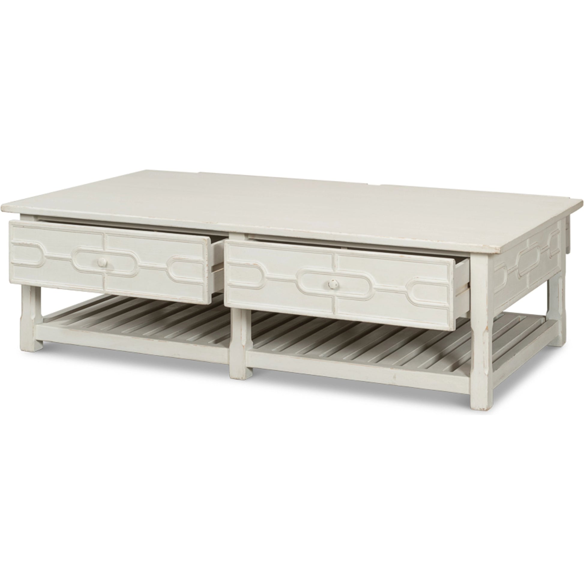 Isla Coffee Table by Sarreid Ltd. in antique white. Made from pine in a modern style.
