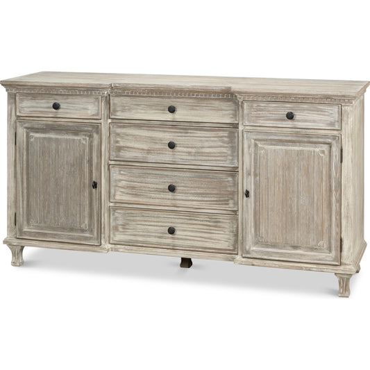 Mancini Bungalow Buffet by Sarreid Ltd. in moonskin. Made from pine in a traditional style.