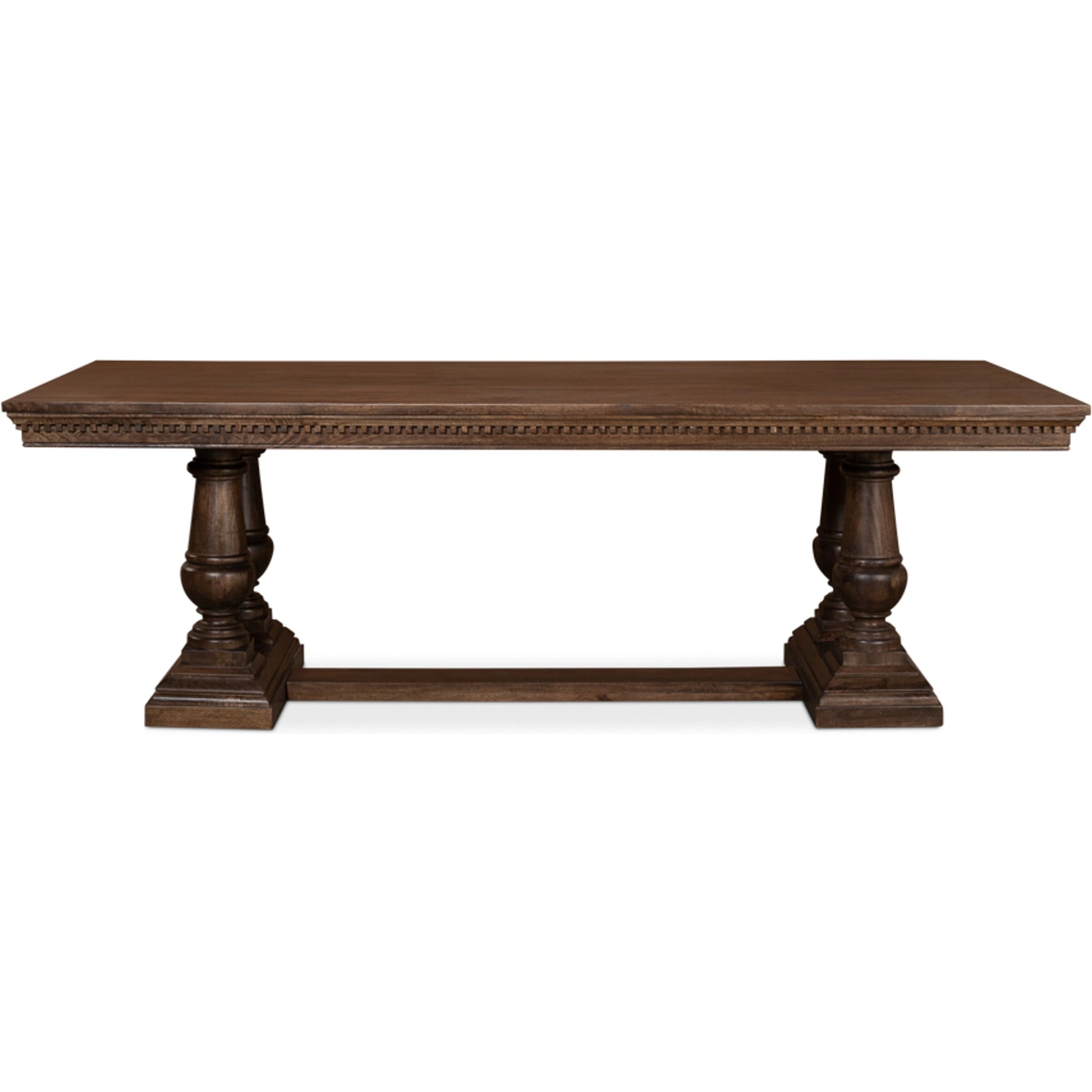 Joshua Pedestal Dining Table by Sarreid Ltd. in walnut. Made from mango wood in a traditional style.