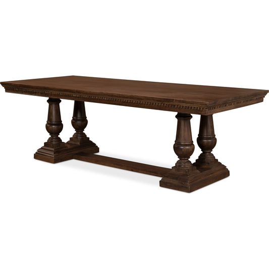 Joshua Pedestal Dining Table by Sarreid Ltd. in walnut. Made from mango wood in a traditional style.
