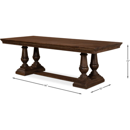 Joshua Pedestal Dining Table by Sarreid Ltd. in walnut. Made from mango wood in a traditional style.