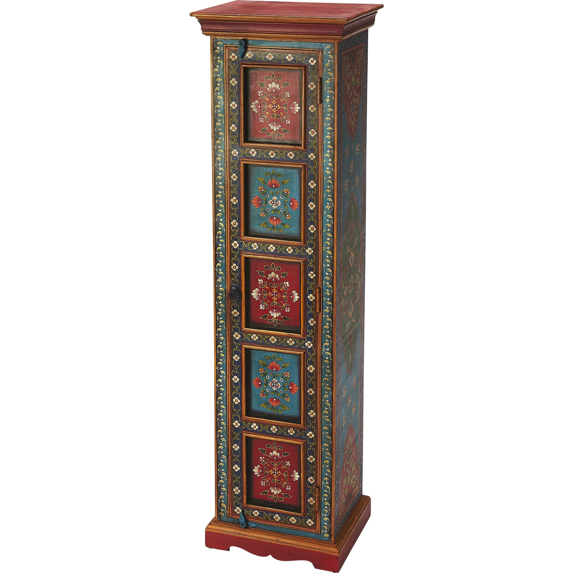 Amir Hand Painted Tall Cabinet by Butler Specialty Company in multi-color and artifacts. Made from merranti wood solids, mdf, hand painted design in a eclectic & global style.