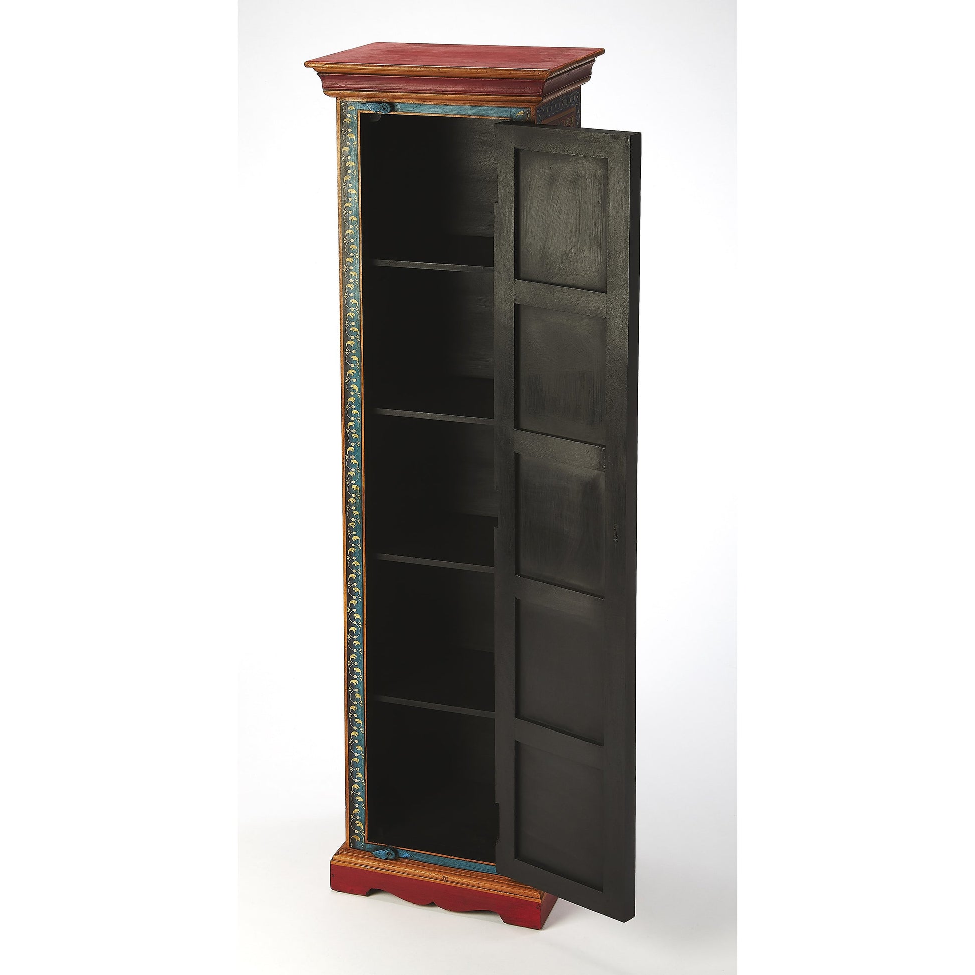 Amir Hand Painted Tall Cabinet by Butler Specialty Company in multi-color and artifacts. Made from merranti wood solids, mdf, hand painted design in a eclectic & global style.