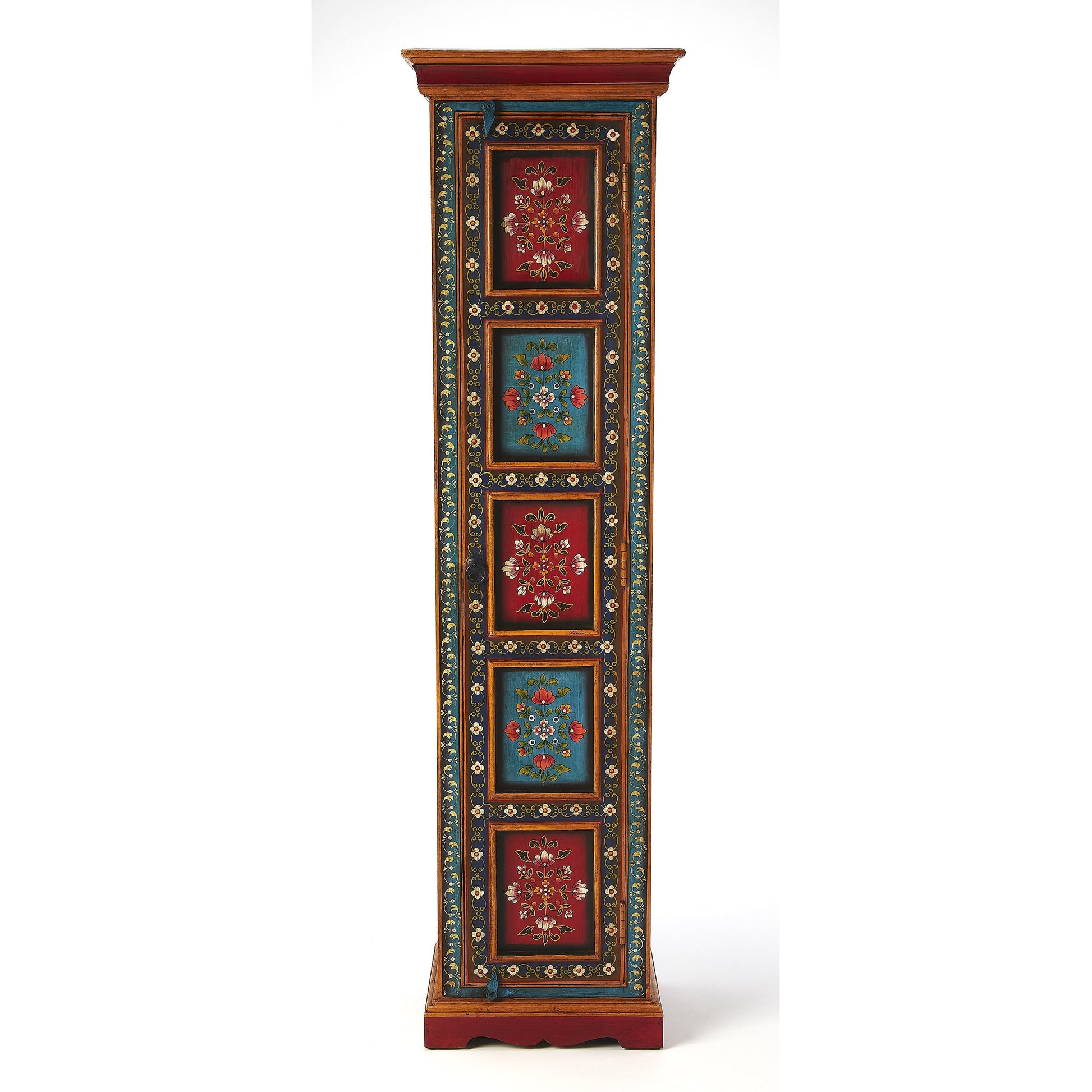 Amir Hand Painted Tall Cabinet by Butler Specialty Company in multi-color and artifacts. Made from merranti wood solids, mdf, hand painted design in a eclectic & global style.