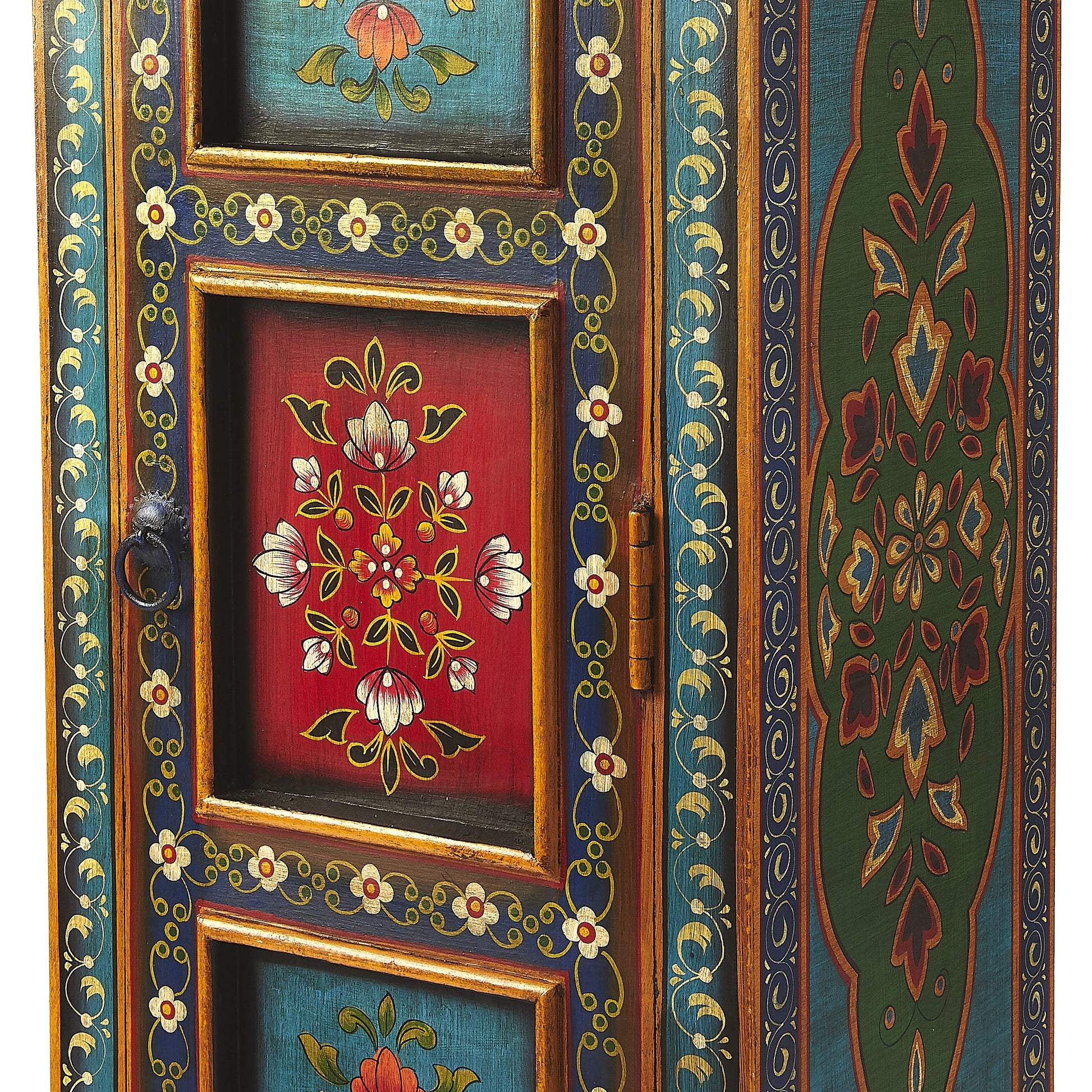 Amir Hand Painted Tall Cabinet by Butler Specialty Company in multi-color and artifacts. Made from merranti wood solids, mdf, hand painted design in a eclectic & global style.