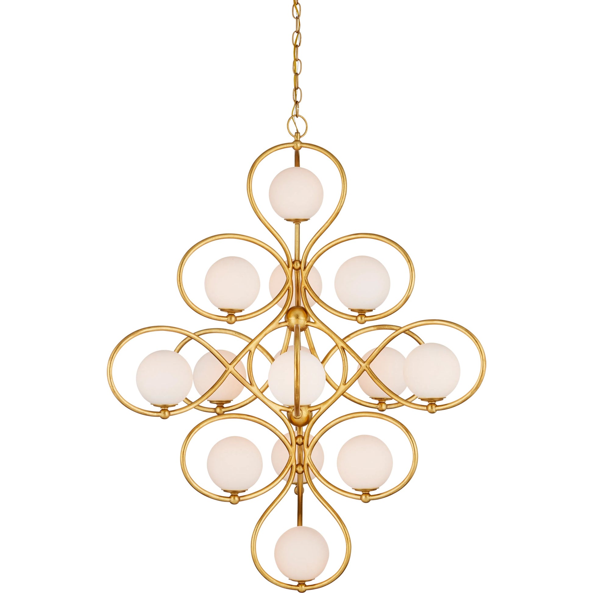 Storrs Chandelier by Currey and Company in contemporary gold leaf, contemporary gold, white. Made from wrought iron, glass in a modern style.