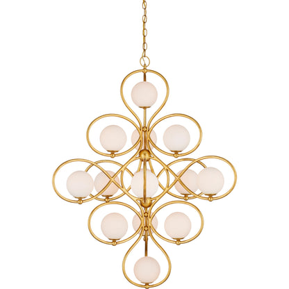 Storrs Chandelier by Currey and Company in contemporary gold leaf, contemporary gold, white. Made from wrought iron, glass in a modern style.