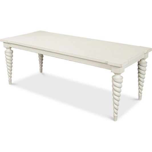 Teagan Dining Table by Sarreid Ltd. in antique white. Made from reclaimed pine in a traditional style.